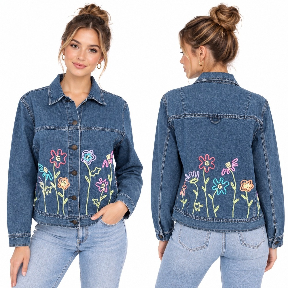 Mandal Bay Denim Jacket Womens S Blue Floral Embroidered Boho Trucker Jean Coat